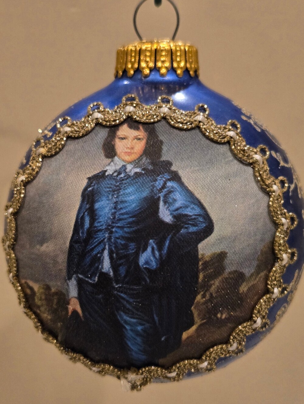 Vintage Boy In Blue Chrismas By Krebs Glass Holiday Ornament with Gold Trim